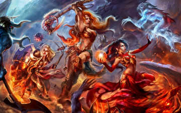 Картинка фэнтези красавицы+и+чудовища мечи оружие сражение девушки битва амазонки монстры