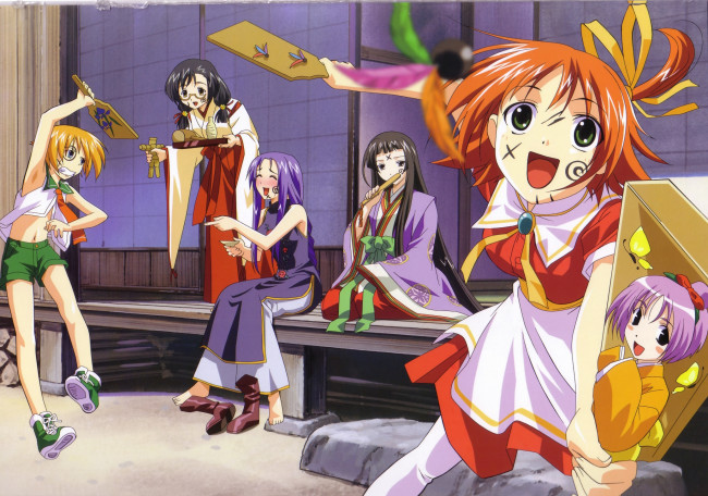 Обои картинки фото аниме, raimuiro senkitan, девочки, дом, двор, женщина, радость, ступенька