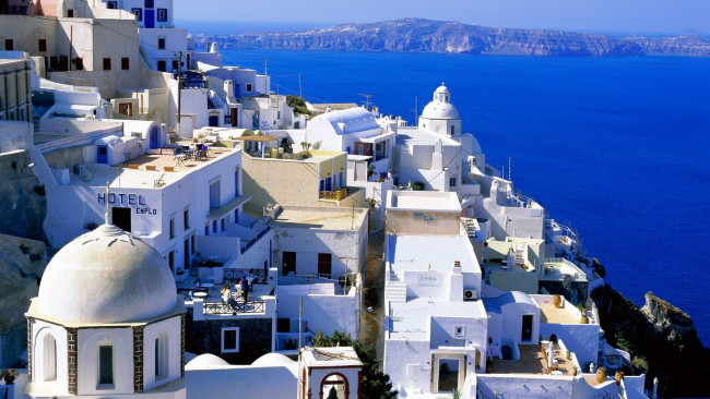 Обои картинки фото города, санторини , греция, панорама