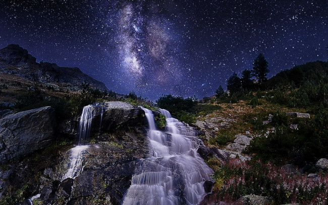 Обои картинки фото природа, водопады, ночь, водопад, звезды