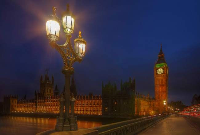 Обои картинки фото big ben, города, лондон , великобритания, ночь, огни, мост
