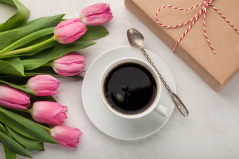 Картинка еда кофе +кофейные+зёрна подарок тюльпаны
