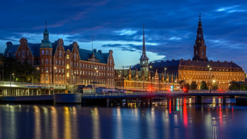 Картинка города копенгаген+ дания вечер мост река огни