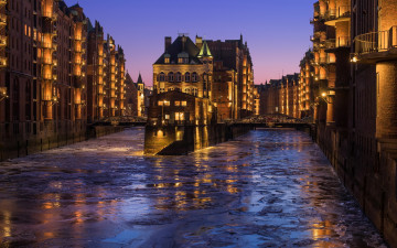 Картинка города гамбург+ германия вечер река огни