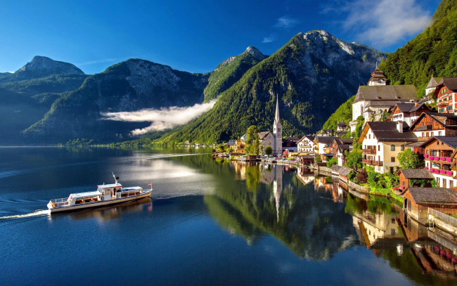 Обои картинки фото города, гальштат , австрия, корабль, туман, озеро, горы