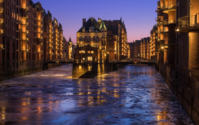 Обои картинки фото города, гамбург , германия, вечер, река, огни