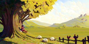 Картинка рисованное люди дерево девушка овцы забор куры луг