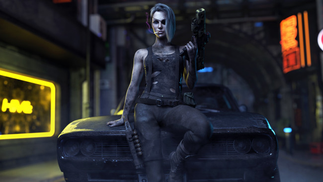 Обои картинки фото видео игры, cyberpunk 2077, девушка, фон, взгляд, оружие, автомобиль