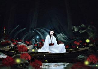 Картинка аниме mo+dao+zu+shi вэй усянь лодка озеро цветы череп
