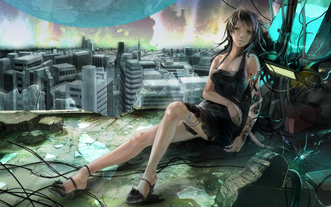 Обои картинки фото аниме, weapon, blood, technology, провода, осколки, девушка, город, робот, руины, планета
