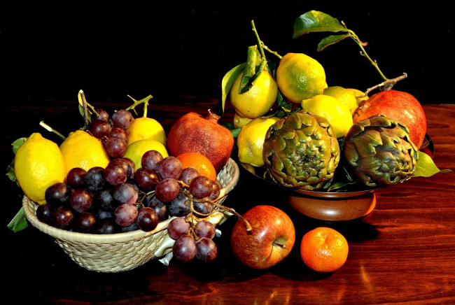 Обои картинки фото еда, фрукты, овощи, вместе, мандарин, артишоки, яблоки, лимоны, гранат, виноград