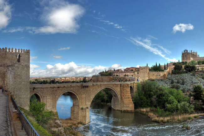 Обои картинки фото испания, толедо, города, дома, река, мост