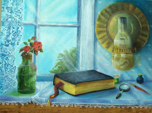 Картинка рисованные живопись натюрморт jean powers керосинка свет розы библия книга окно