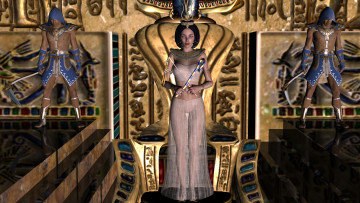 Картинка elizabeth+queen+of+the+nile 3д+графика fantasy+ фантазия девушка взгляд трон символы власти воины корона