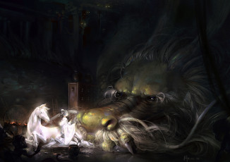 Картинка аниме животные +существа лошадь чудовище девушка дракон арт a-shacho