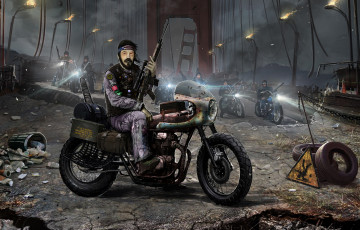 Картинка фэнтези люди оружие байкеры постапокалипсис мир иной мост
