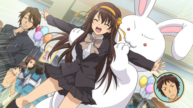 Обои картинки фото аниме, the melancholy of haruhi suzumiya, девушка, кролик, suzumiya, haruhi, no, yuutsu, koizumi, itsuki, парень, kyon