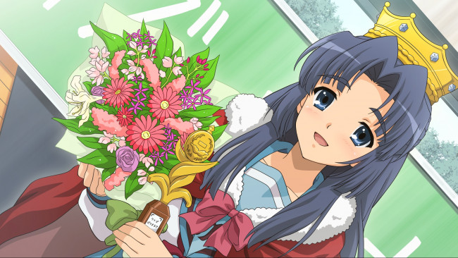 Обои картинки фото аниме, the melancholy of haruhi suzumiya, букет, корона, девушка, suzumiya, haruhi, no, yuutsu, цветы, asakura, ryouko
