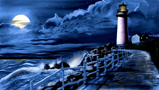 Обои картинки фото рисованное, природа, волны, луна, ночь, море, прибой, дорожка, маяк, облака