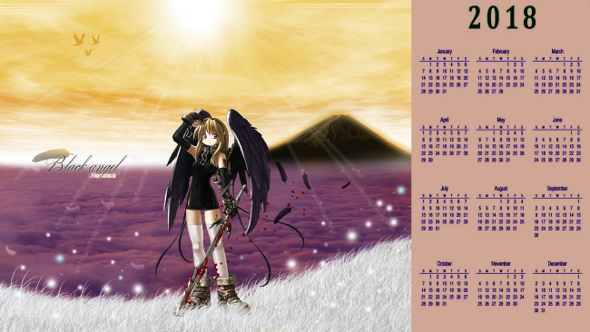 Обои картинки фото календари, аниме, крылья, взгляд, девушка