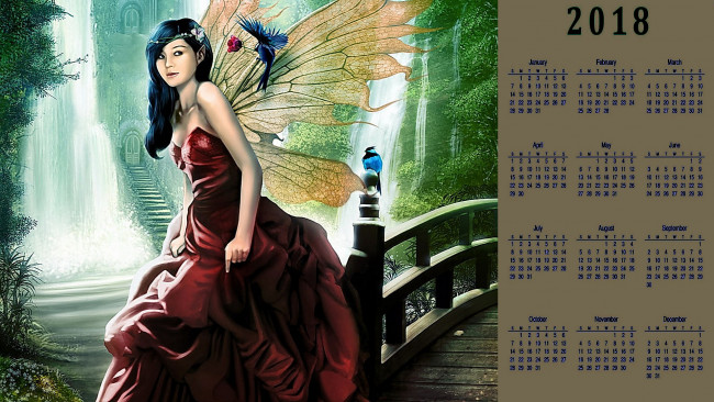 Обои картинки фото календари, фэнтези, крылья, птица, мост, взгляд, девушка, водопад