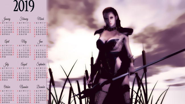 Обои картинки фото календари, 3д-графика, растение, камыш, оружие, воительница, девушка