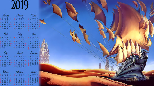 Обои картинки фото календари, фэнтези, парус, корабль, песок, пустыня