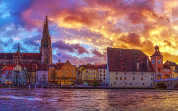 Картинка города регенсбург+ германия река собор закат облака