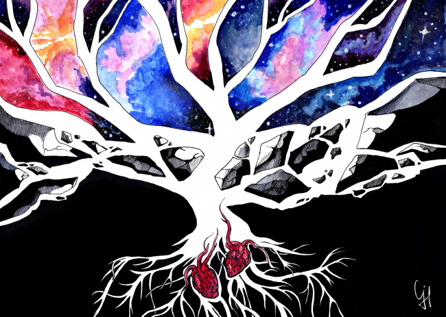 Обои картинки фото рисованное, - другое, дерево, космос, корни, сердца
