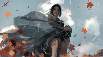 Картинка фэнтези _ghost+blade+ +призрачный+клинок эльфийка лужа отражение нога листья осень