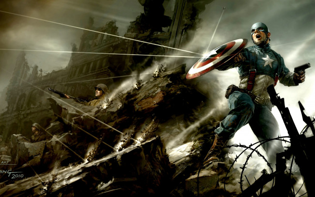 Обои картинки фото кино фильмы, captain america,  the first avenger, капитан, америка, щит, солдаты, бой