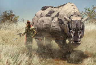 Картинка фэнтези роботы киборги механизмы воин робот носорог