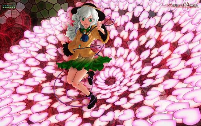Обои картинки фото аниме, touhou, девушка, сердечки, зелёные, глаза, нить, колокольчик, розовые