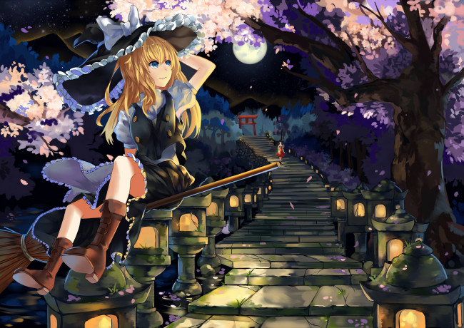 Обои картинки фото аниме, touhou, метла, лестница, девушка, лес, цветение, ступени, ночь, луна, шляпа, ветви, деревья