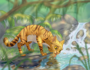 Картинка рисованное животные +коты взгляд кот лес ручей фон