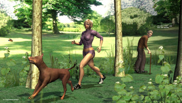 Картинка 3д+графика люди+ people старик парк бег собака девушка