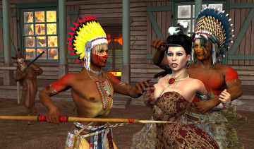 Картинка 3д+графика люди+ people индейцы перья дом огонь взгляд девушка фон