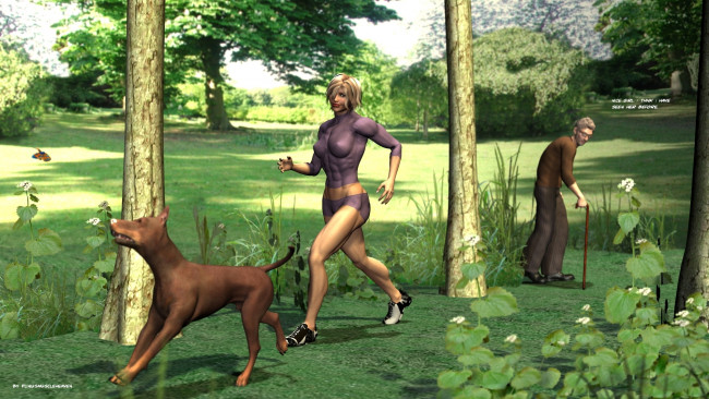 Обои картинки фото 3д графика, люди , people, старик, парк, бег, собака, девушка