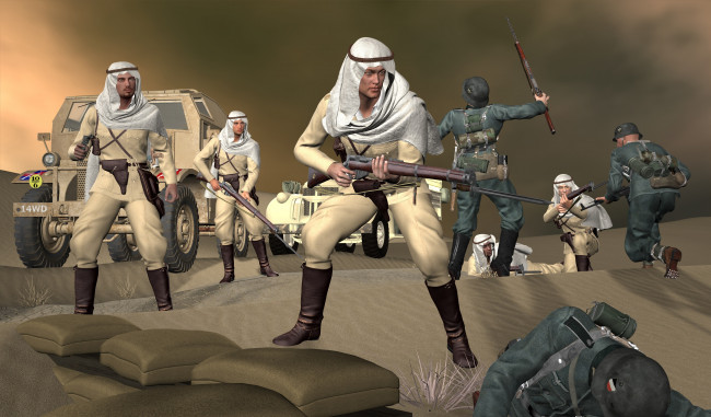 Обои картинки фото 3д графика, армия , military, солдаты, пустыня, оружие