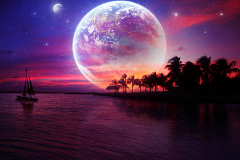 Картинка разное компьютерный+дизайн вечер пальма планета остров яхта море