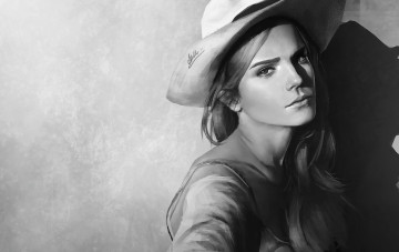 Картинка рисованное люди рисунок эмма уотсон emma watson портрет шляпа черно-белое фон арт
