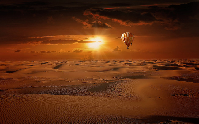 Обои картинки фото авиация, воздушные шары, солнце, облака, небо, пустыня, барханы, воздушный, шар, песок, восход