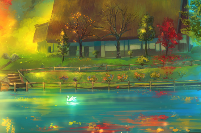 Обои картинки фото рисованное, живопись, осень, лебедь, домик, деревья, арт