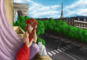 Картинка рисованное люди день париж кот взгляд фон девушка
