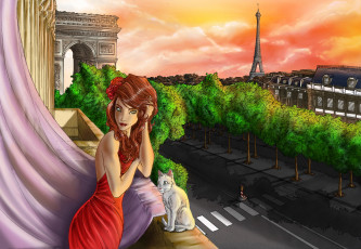 Картинка рисованное люди вечер взгляд кот париж фон девушка