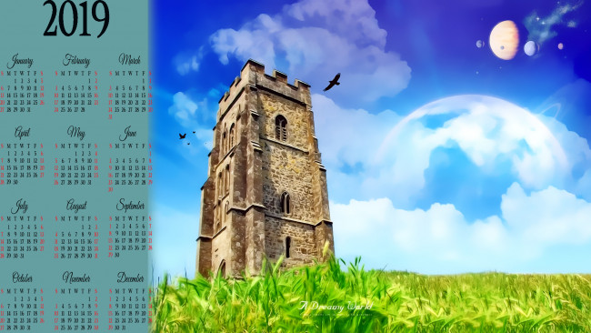 Обои картинки фото календари, фэнтези, 2019, calendar, природа, башня, планета, здание