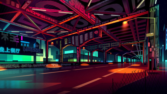 Обои картинки фото видео игры, cyberpunk 2077, город, мост, колонны, рисунок