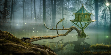 Картинка 3д+графика атмосфера настроение+ atmosphere+ +mood+ дом пруд дерево свет светлячки