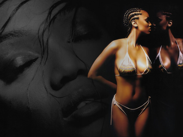 Обои картинки фото Naomi Campbell, девушки, модель, профиль, косички, купальник, отражение