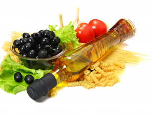 Картинка еда разное макароны масло помидоры маслины салат